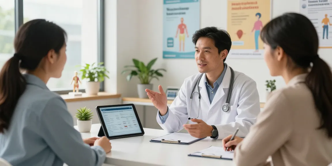 Patient consultation explaining tirzepatide benefits for weight loss and diabetes management on a digital tablet.