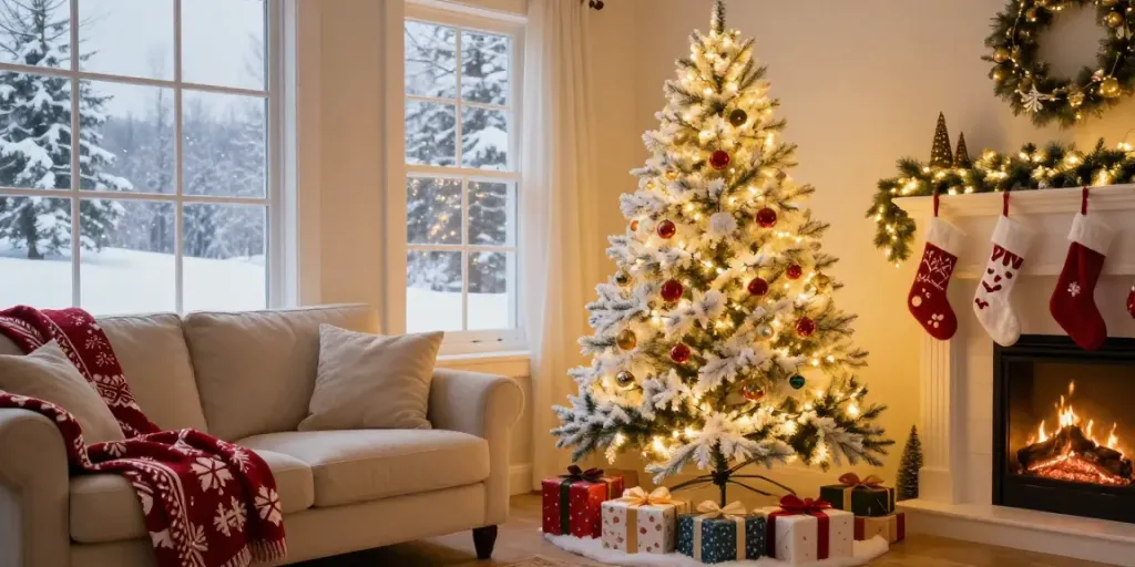 Elegant living room with an artificial white xmas tree glowing with lights and surrounded by festive decorations.