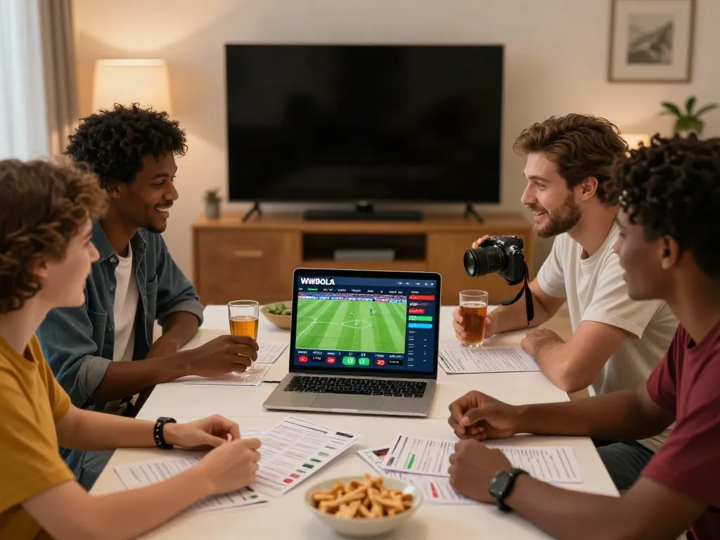 Engaging sports betting scene with friends analyzing WWBOLA odds.