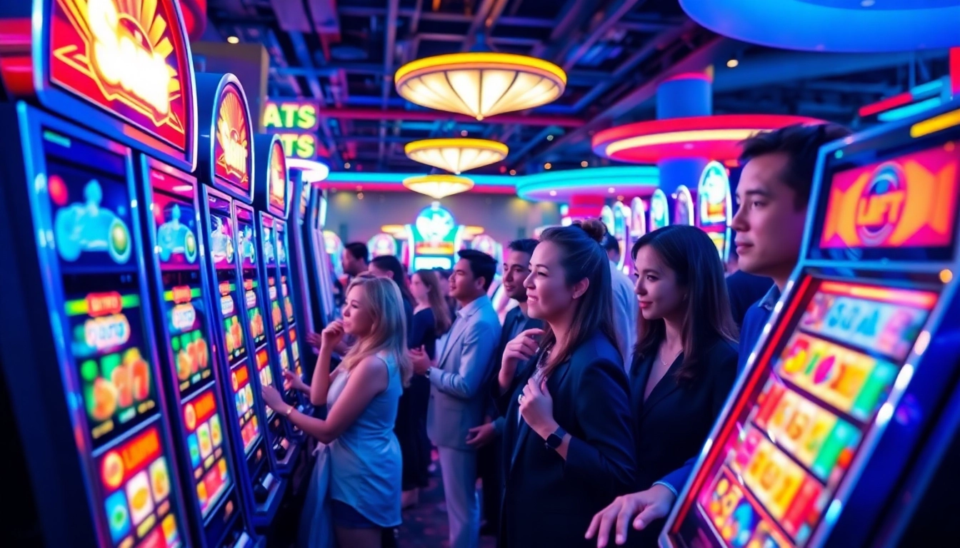 Engaging slot gambling experience with diverse players enjoying colorful slot machines.