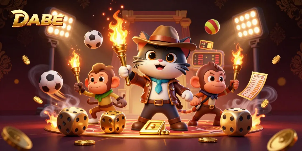 DABET showcases an archaeologist cat and monkey companion finding a golden casino artifact amidst dynamic sports betting elements.