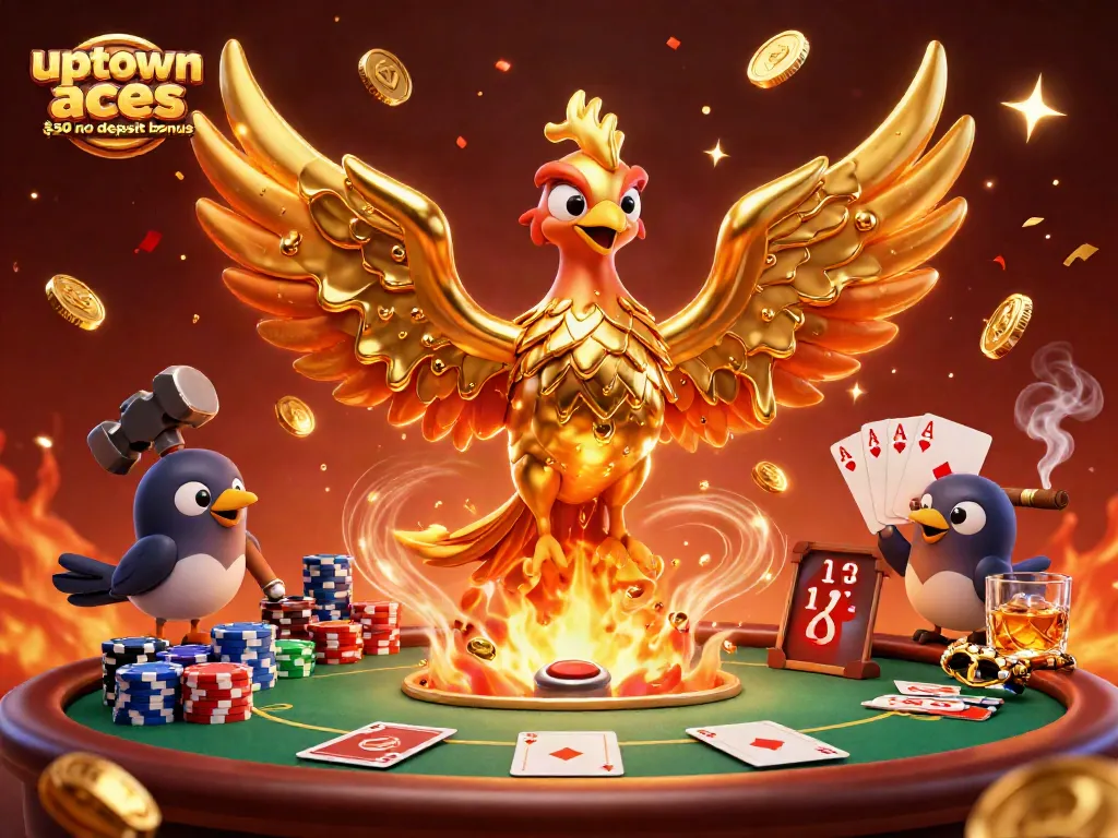 Experience the excitement of the uptown aces $50 no deposit bonus with a vibrant casino scene filled with iconic poker elements.