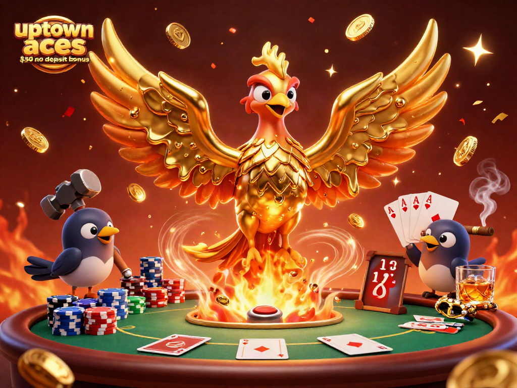 Experience the excitement of the uptown aces $50 no deposit bonus with a vibrant casino scene filled with iconic poker elements.