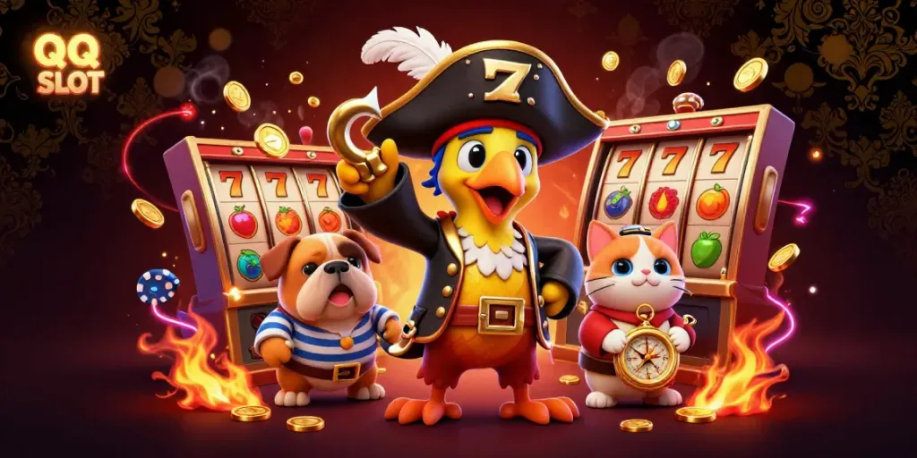 Experience thrilling QQ SLOT action with a pirate captain, bulldog, and cat amidst vibrant slots.