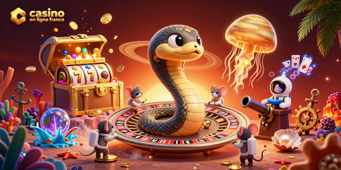 Casino en ligne France avec un serpent de Saturne jouant à la roulette et des astronautes pariant.