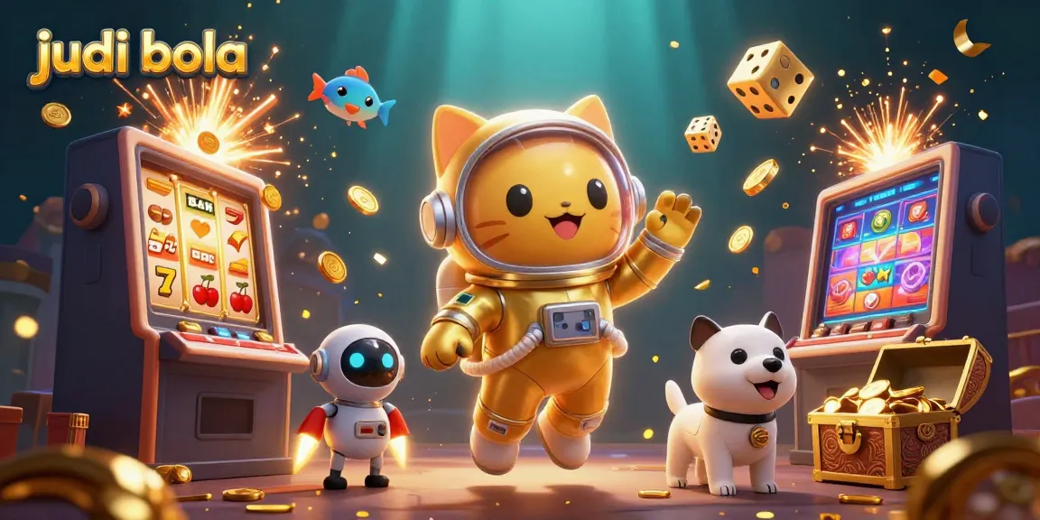 Gambaran judi bola dengan kucing astronot dan robot, dikelilingi jackpot dan elemen kasino.