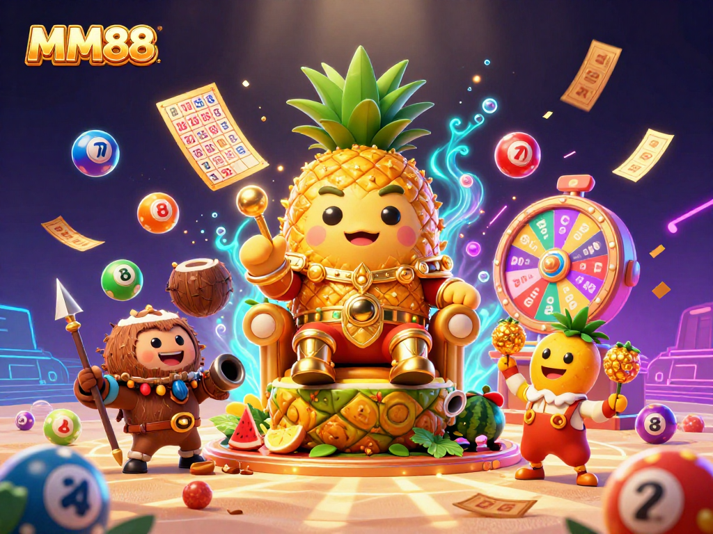 Experience the vibrant excitement at MM88 with a lively casino scene featuring a golden pineapple king in a dynamic 3D illustration.
