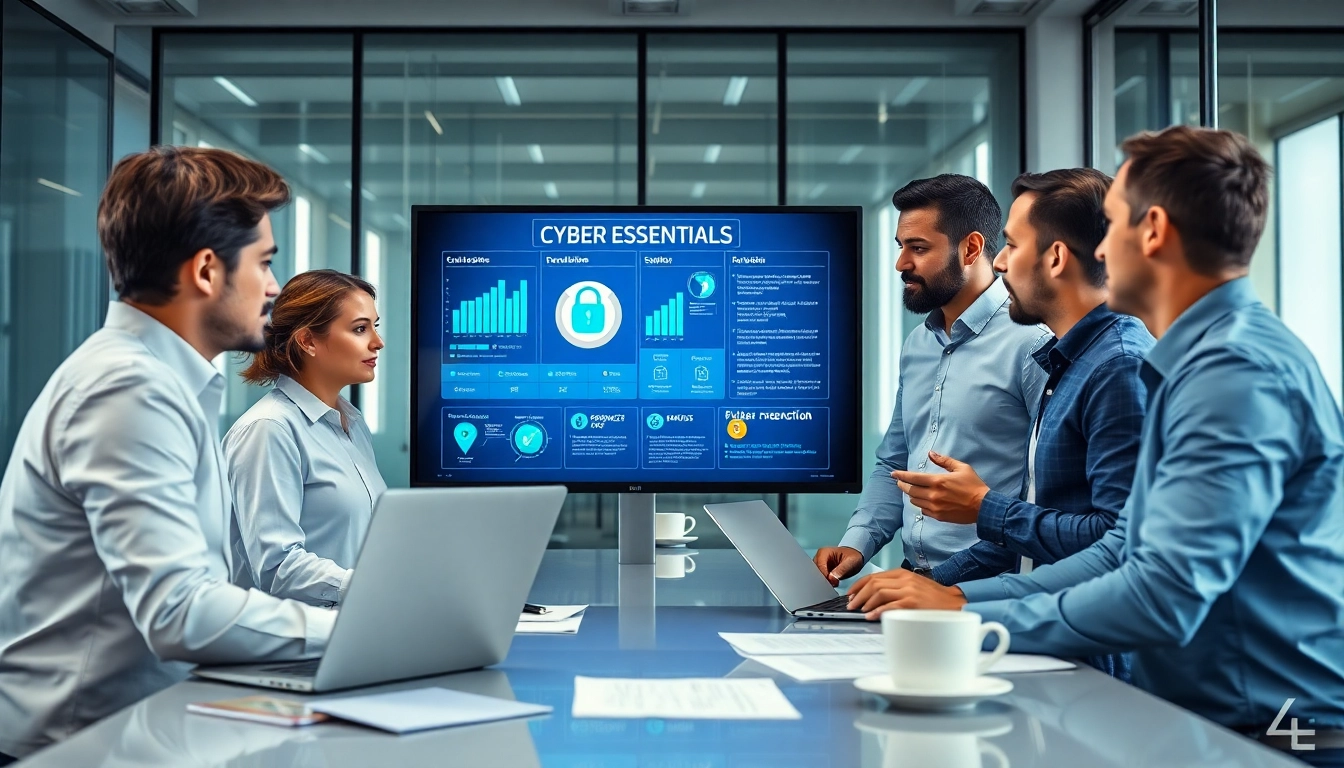 Team discussing cyber essentials accreditation analysis in a modern office setting.