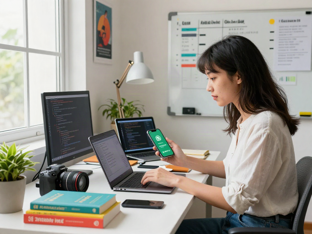 Young professional engaged with gb whatsapp apk on smartphone in a vibrant home office.