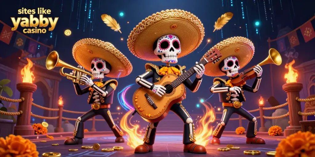 Experience the thrill at sites like yabby casino with vibrant mariachi band and casino elements.