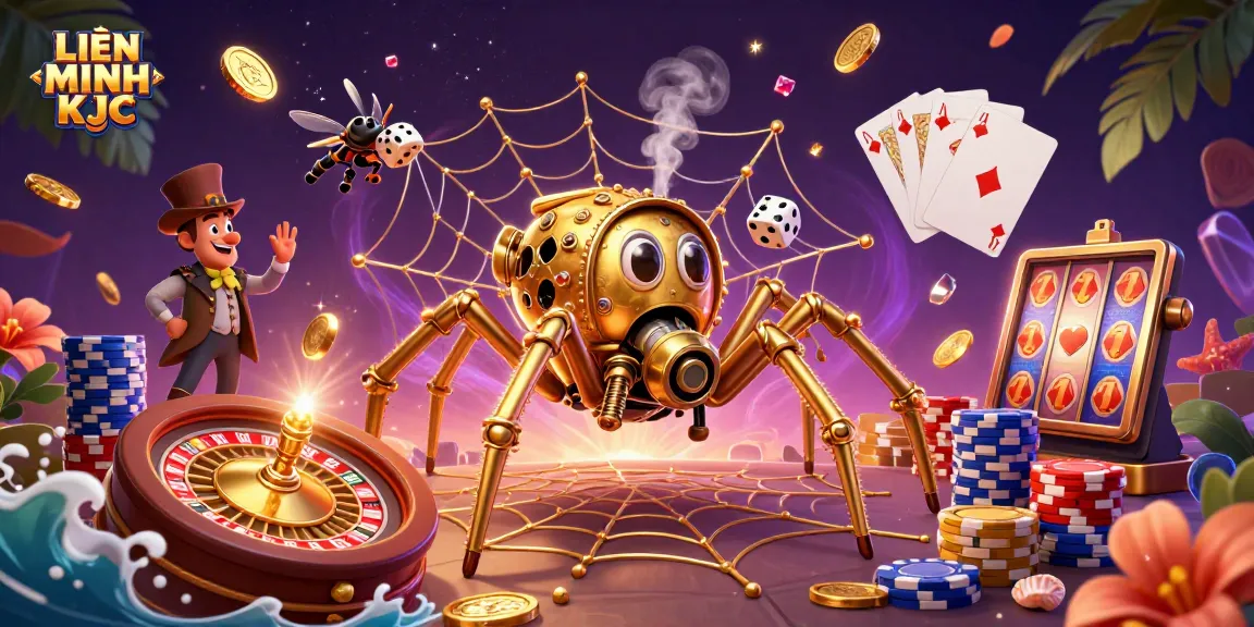 Catching lucky dice in a web, this vibrant LIÊN MINH KJC casino illustration features 3D characters and game elements.