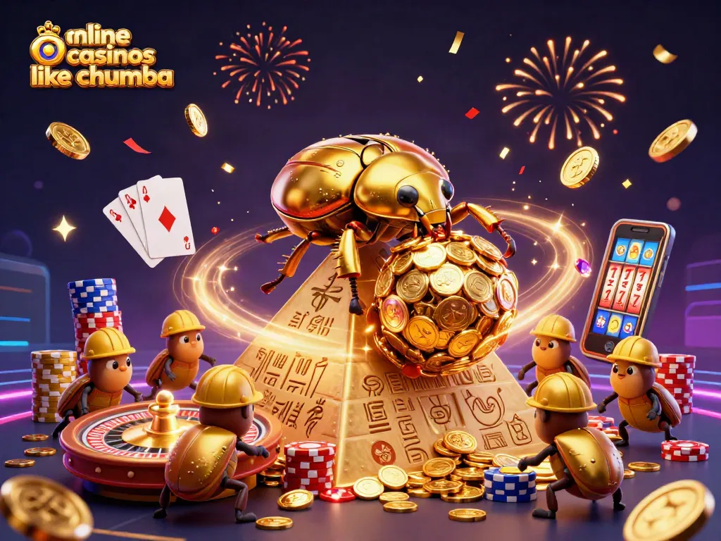 Play exciting games at online casinos like Chumba, with golden coins cascading and slots spinning!