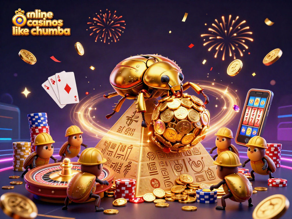 Play exciting games at online casinos like Chumba, with golden coins cascading and slots spinning!