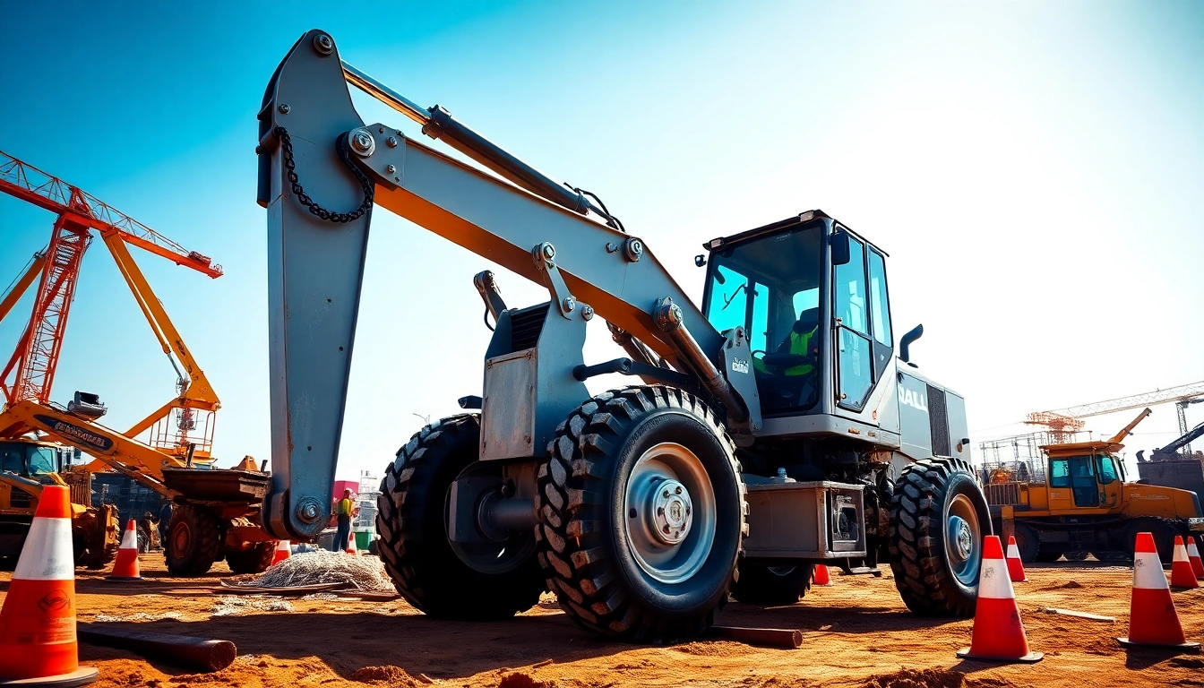 Showcase of a gradall excavator lifting materials at a construction site.