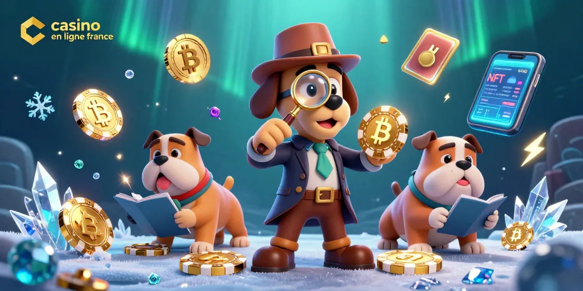 Examiner des indices au casino en ligne France avec un détective et des pièces de crypto-monnaie animées.