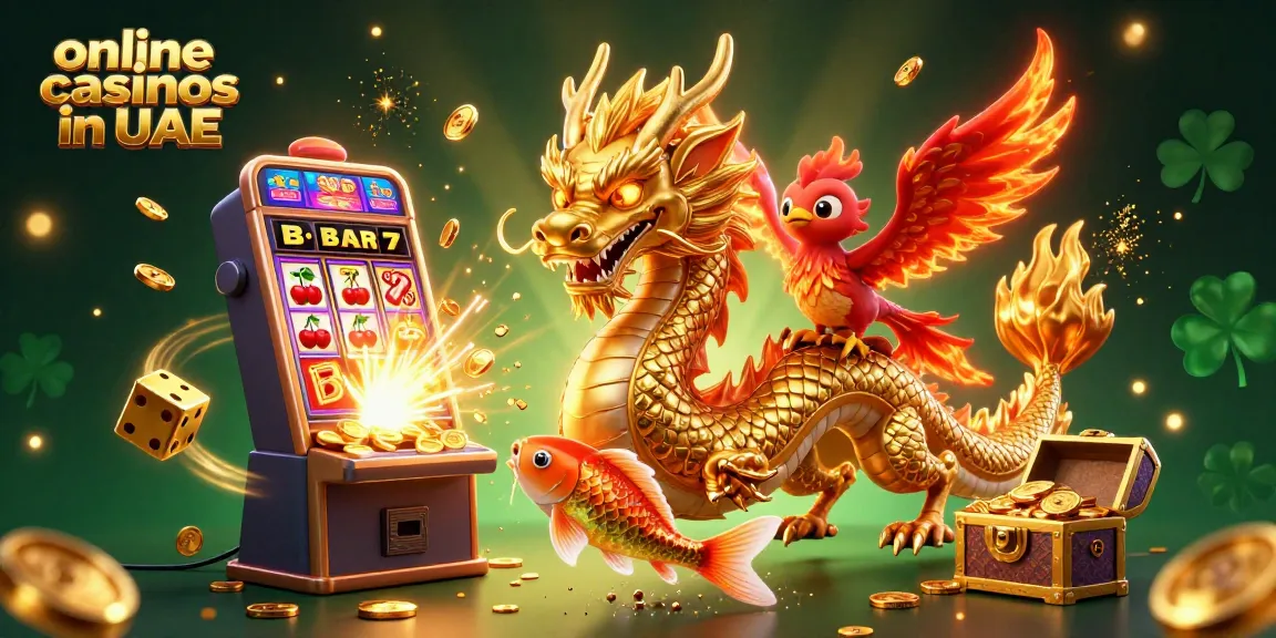 Explore winning gameplay strategies at online casinos in UAE with vibrant 3D dragons and slot machines.
