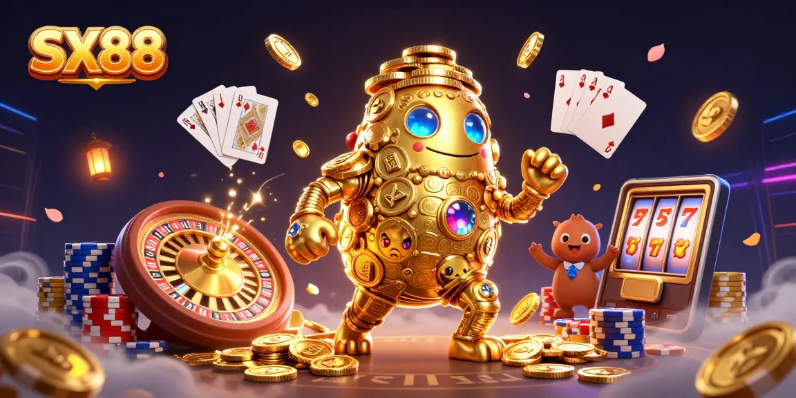 Spin the reels and win with SX88's vibrant 3D illustration showcasing thrilling casino action.