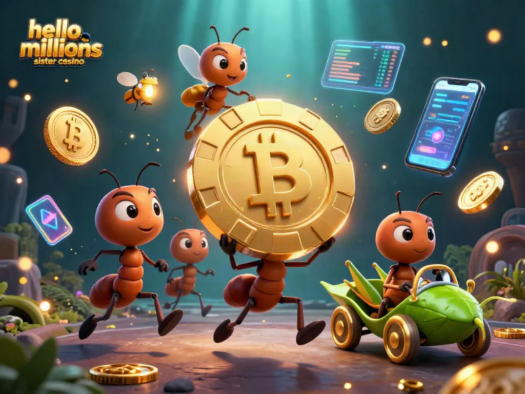 Play exciting games at hello millions sister casino with ants stealing a giant poker chip.