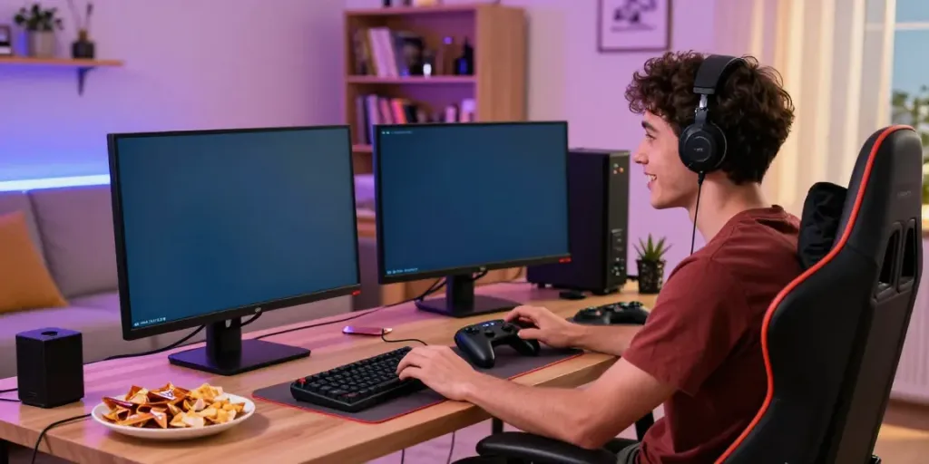 Excited player engaging in togel online gaming from a cozy living room.