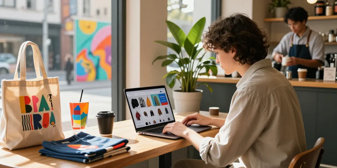 Individual engaging with 456bd e-commerce shopping experience in trendy café setting.