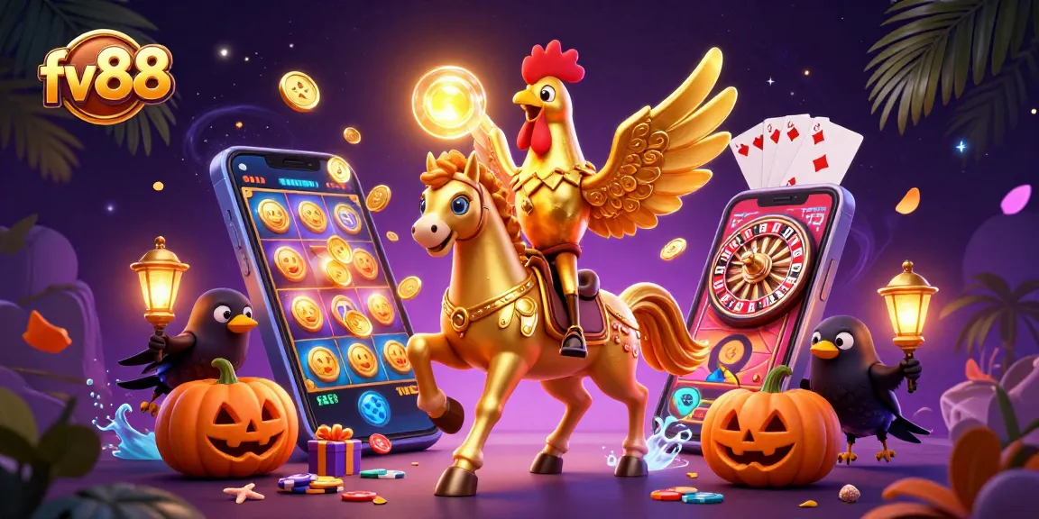 Spin your luck at fv88 with thrilling casino adventures featuring a golden rooster and spectral horse.