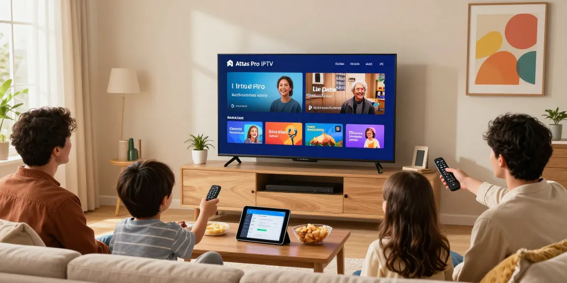 Family enjoying Atlas Pro IPTV on a Smart TV in a cozy living room.
