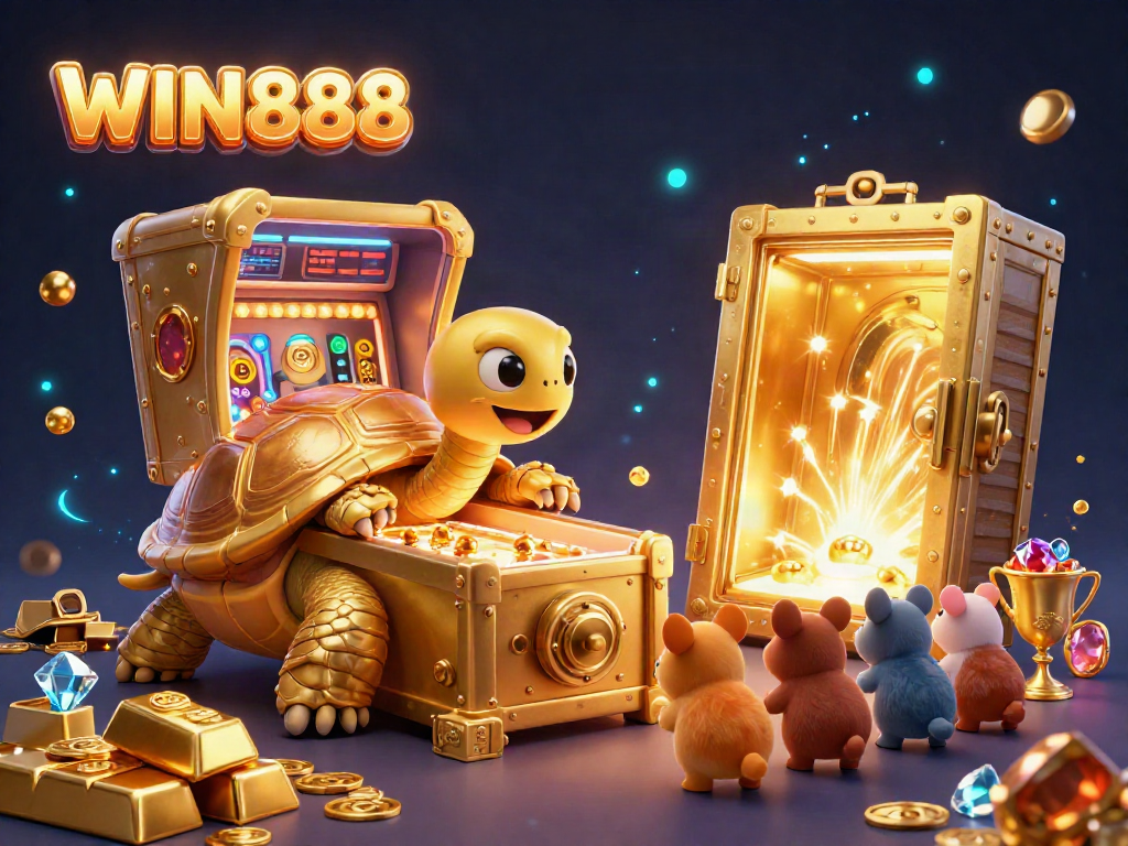 Experience the excitement of WIN888 with a 3D illustration of a colossal golden tortoise pinball machine and vibrant casino treasures.