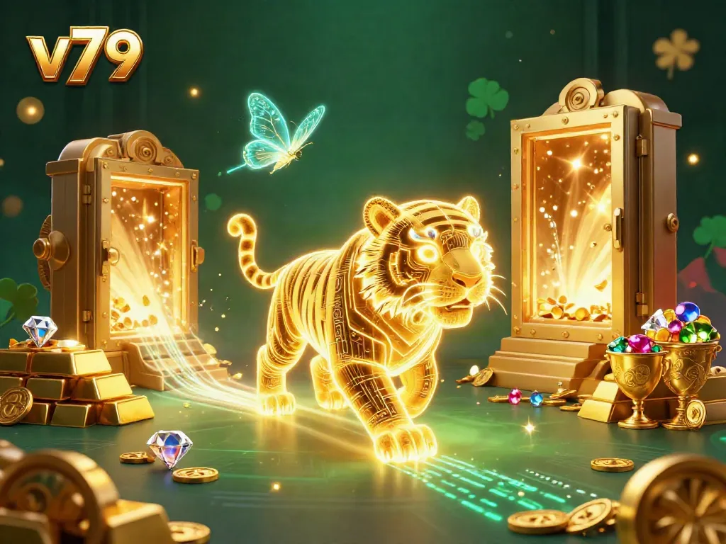 Join the excitement of v79 with a golden tiger amidst treasures in a dazzling casino.