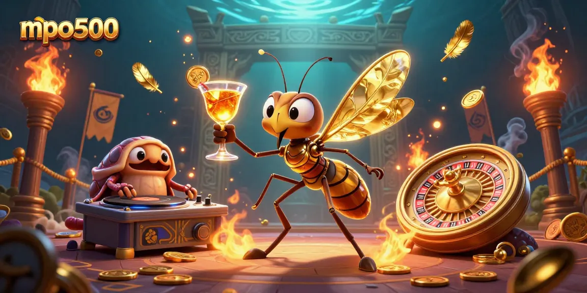 Experience the excitement of mpo500 with a lively casino scene featuring a unique frozen-in-amber mascot.