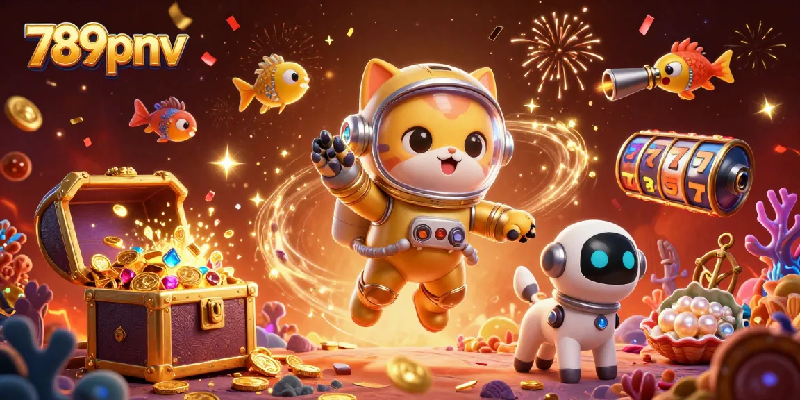 Experience the thrills of 789pnv with a 3D atomic illustration of an astronaut cat among casino treasures.