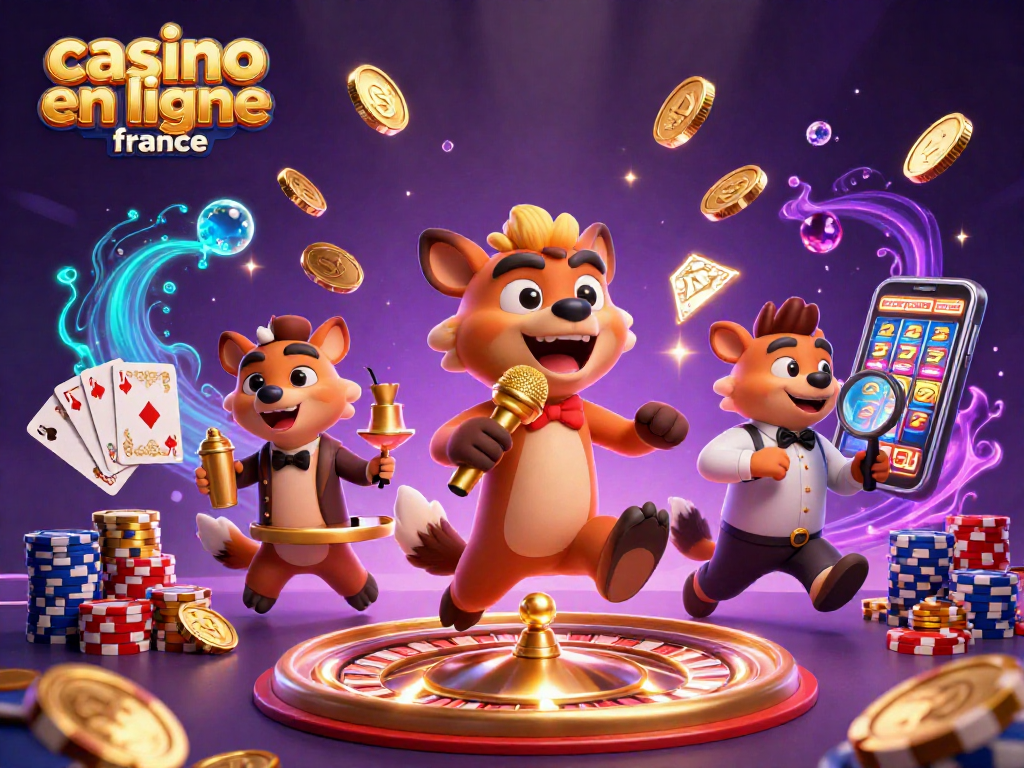 Le casino en ligne France animé avec des hyènes humoristiques et des éléments de jeu colorés.