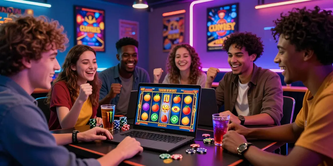 Kelompok teman merayakan permainan slot gacor dengan kemenangan besar di laptop.
