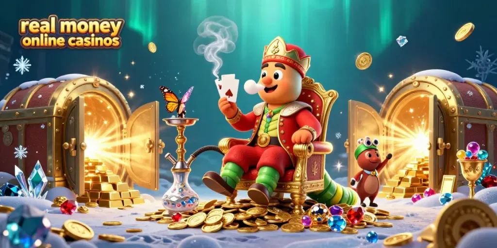Explore real money online casinos with this vibrant scene featuring a caterpillar master blowing poker smoke rings.