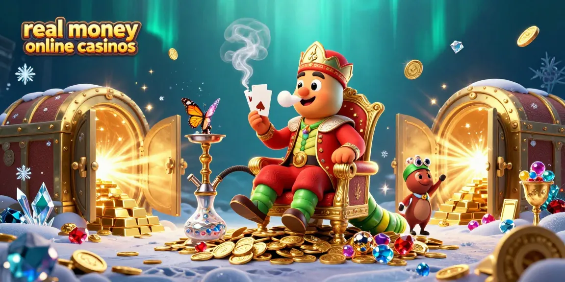Explore real money online casinos with this vibrant scene featuring a caterpillar master blowing poker smoke rings.