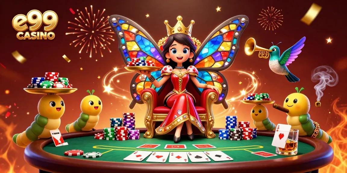 Win at e99 casino with a vibrant 3D illustration of a butterfly queen surrounded by poker elements.
