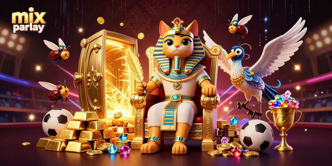 Engage in mix parlay betting with a lively depiction of a pharaoh cat and sports elements.