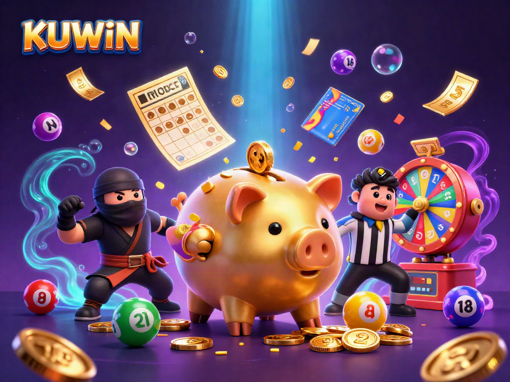 Engage in thrilling lottery excitement with KUWIN as golden coins rain down on colorful balls and characters.