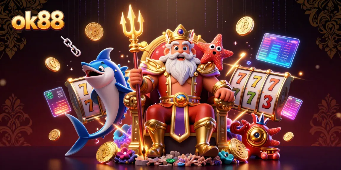 Experience thrilling gameplay at ok88 with a vibrant casino scene featuring Neptune and dynamic slot elements.