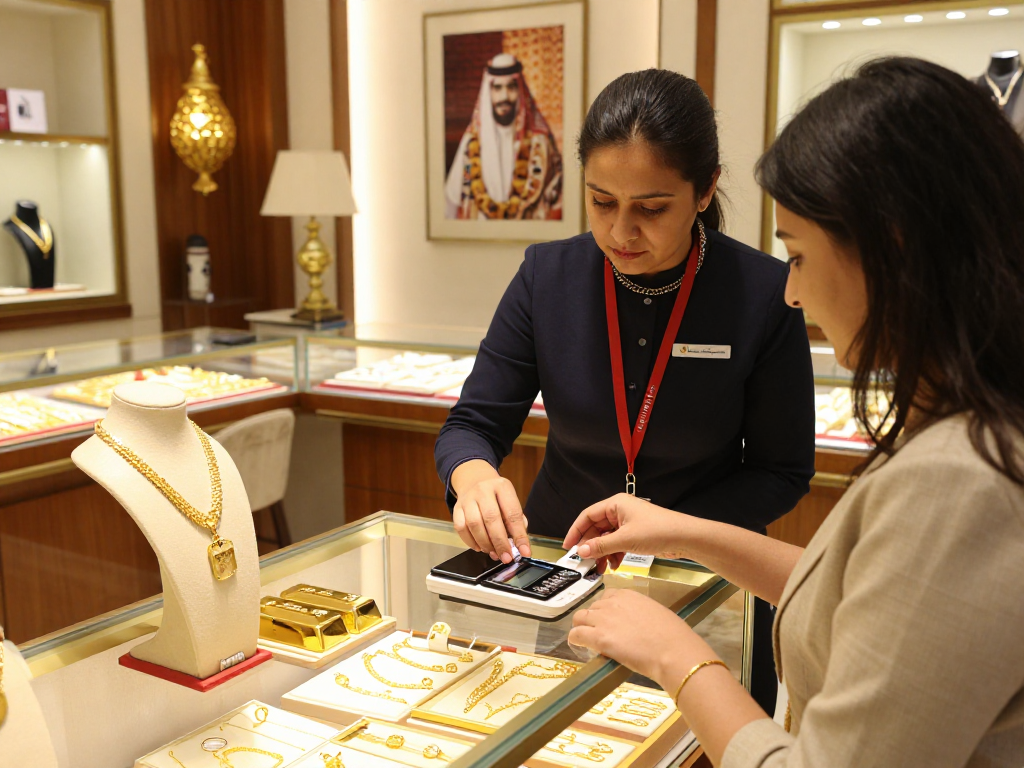 Mantra88 gold jewelry display in a luxurious Bahrain store with a sales representative assisting a customer.