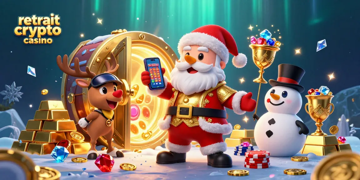 Illustration ludique du retrait crypto casino avec Santa, un renne et un bonhomme de neige entourés de trésors.