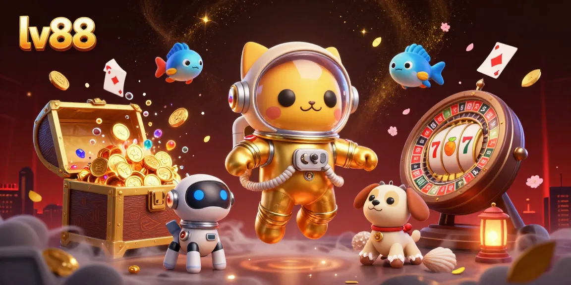 Experience thrilling gaming at lv88 with a vibrant 3D illustration of an astronaut cat and casino elements.