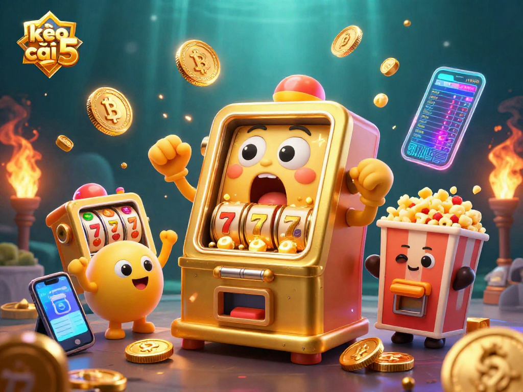 Experience the thrill of kèo nhà cái 5 as a golden slot machine hits a jackpot, showering coins everywhere in a vibrant casino scene.