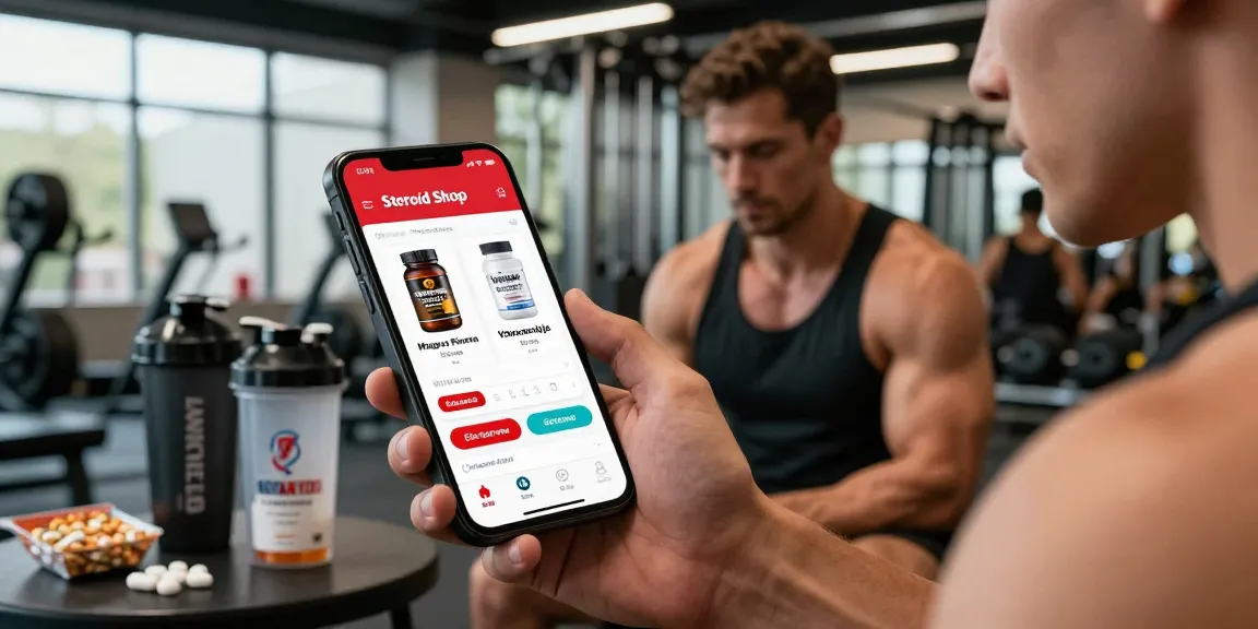 Steroid Shop mobile shopping experience for bodybuilders, featuring popular anabolic steroids and a gym atmosphere.