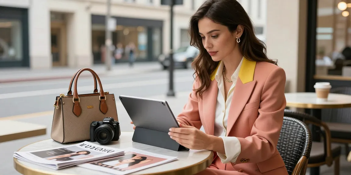 Consulenza d'immagine: donna elegante in un caffè che rivede il suo piano di consulenza personale.