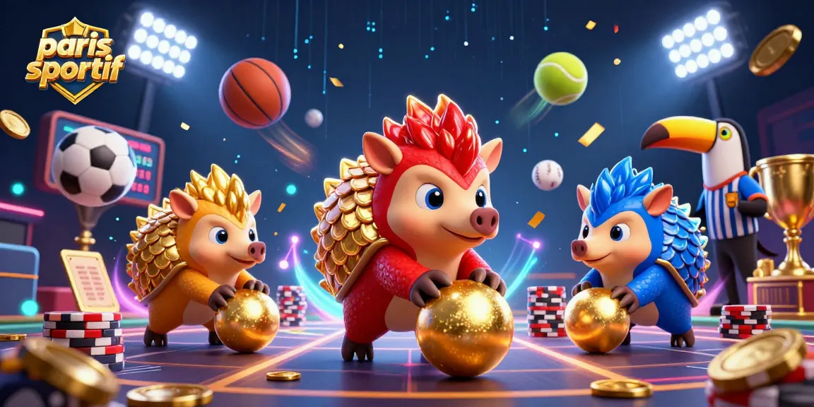 Les pangolins en compétition dans un univers pariant sur paris sportif, entourés de ballons de sport et de jetons scintillants.