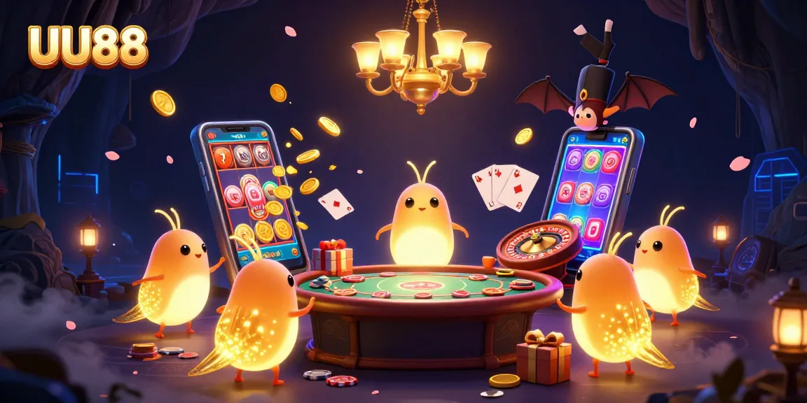 Play at UU88 and enjoy vibrant casino games with dynamic elements in a colorful scene.