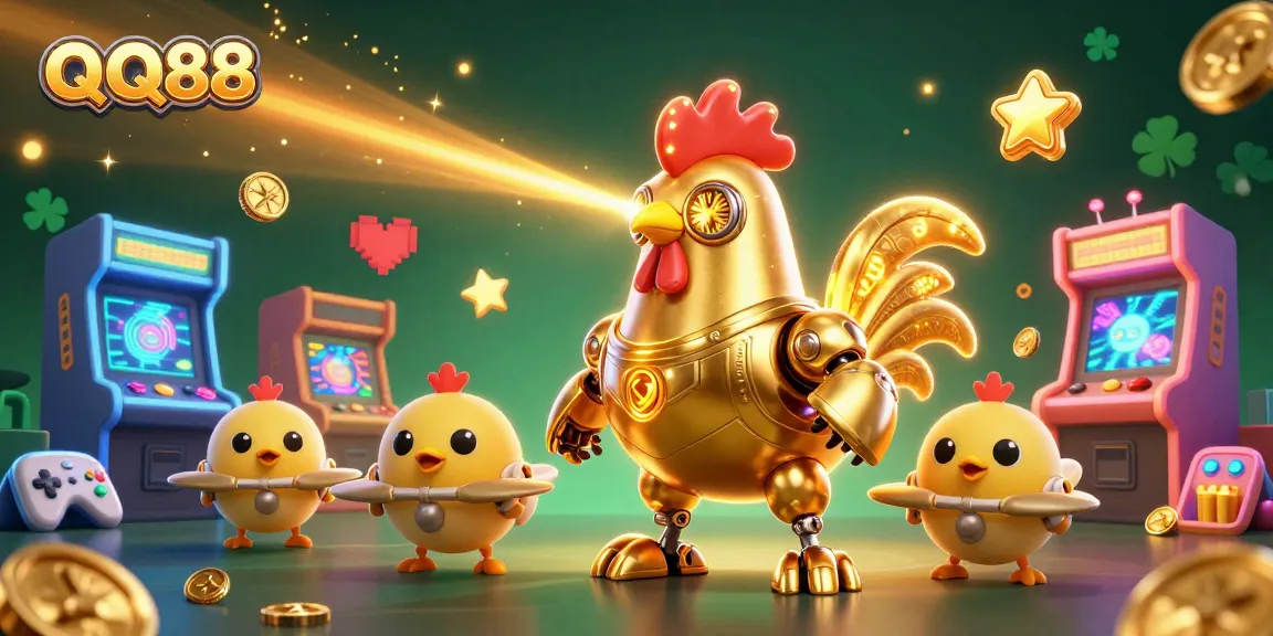 Engage in thrilling gameplay at QQ88 featuring a golden rooster robot surrounded by arcade machines.