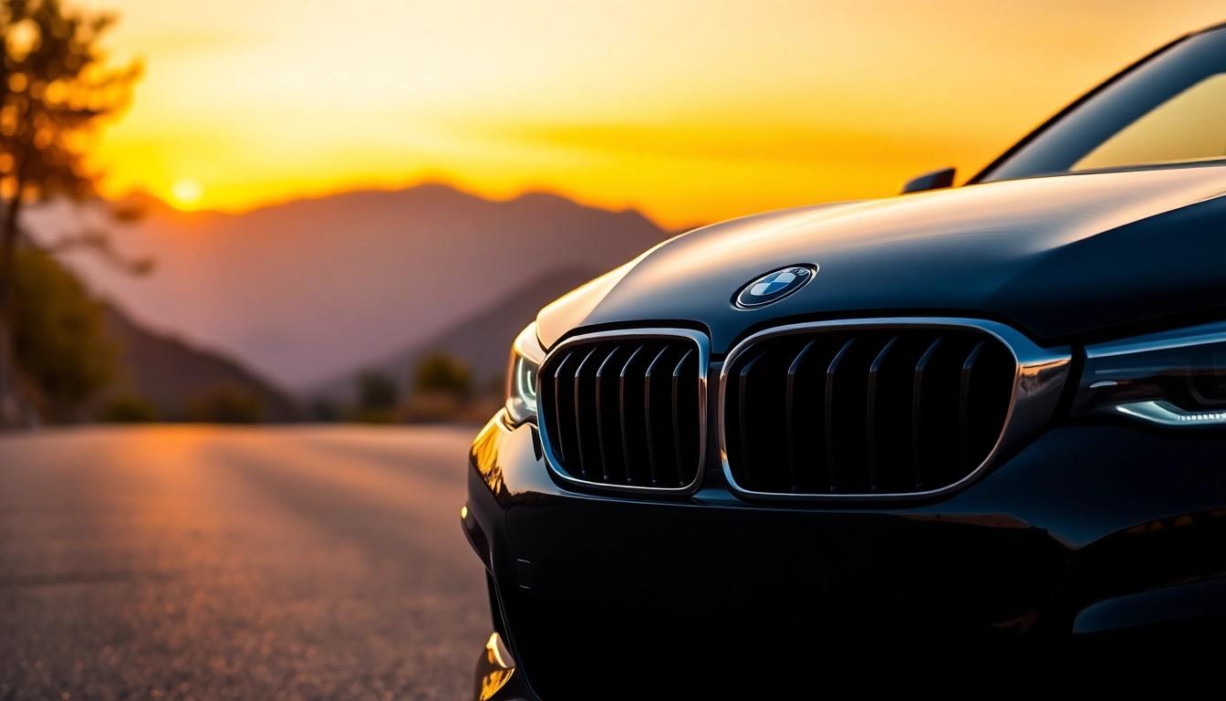 Luxury BMW car parked on a scenic road, highlighting its elegant design and features.