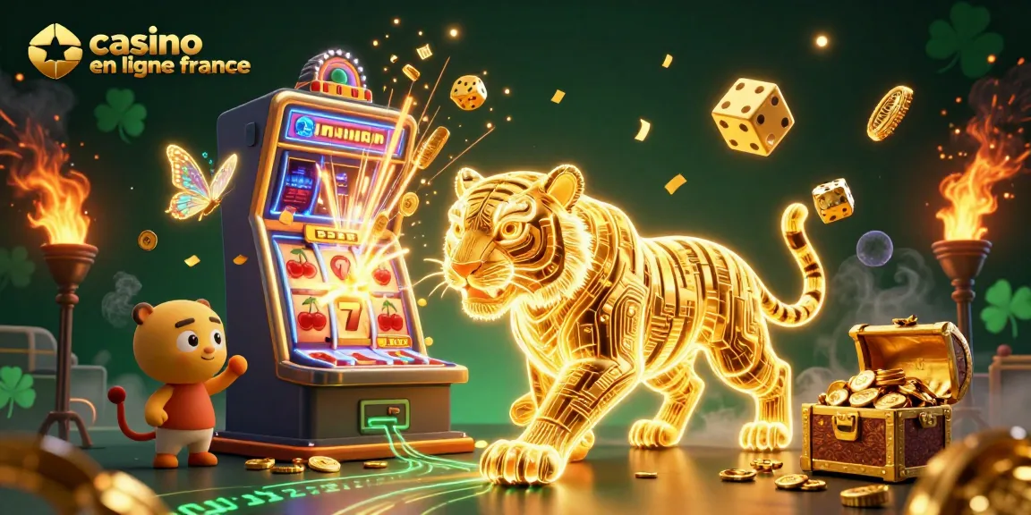 Illustration animée d'un tigre doré et d'un casino en ligne France, avec machines à sous et jeux colorés.
