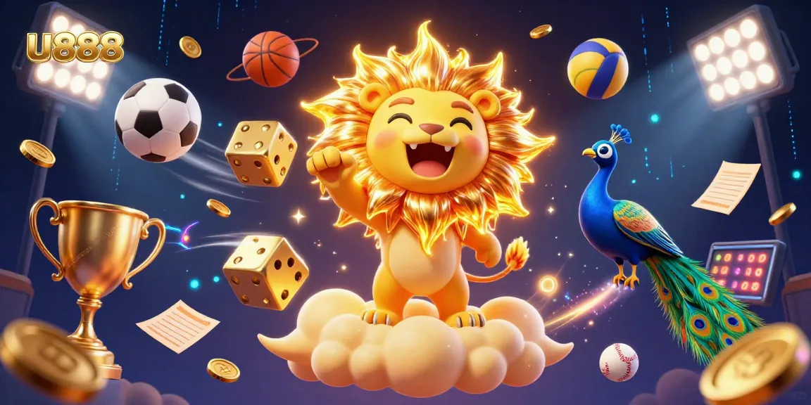 Engage with u888's thrilling gambling scene featuring dynamic sports elements and a powerful lion character.